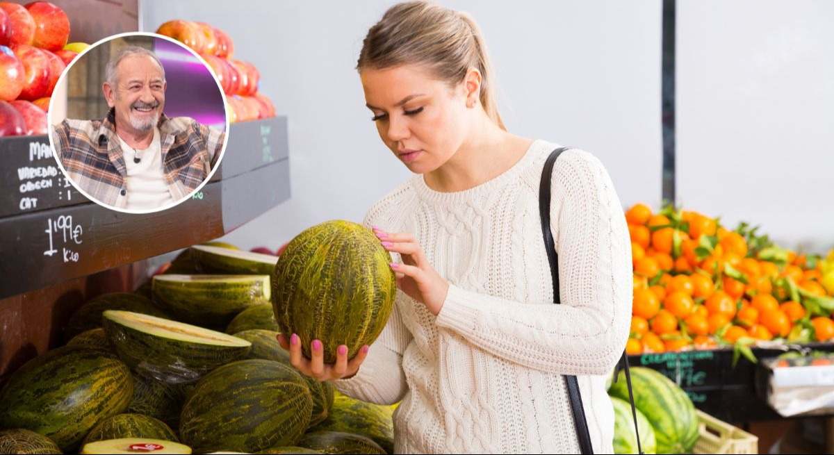 Composición de karlos arguiñano junto a la foto de una chica escogiendo un melón