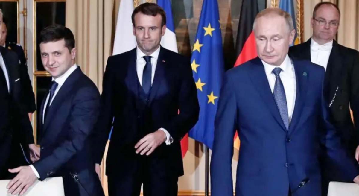 Zelenski y Putin con Emmanuel Macron