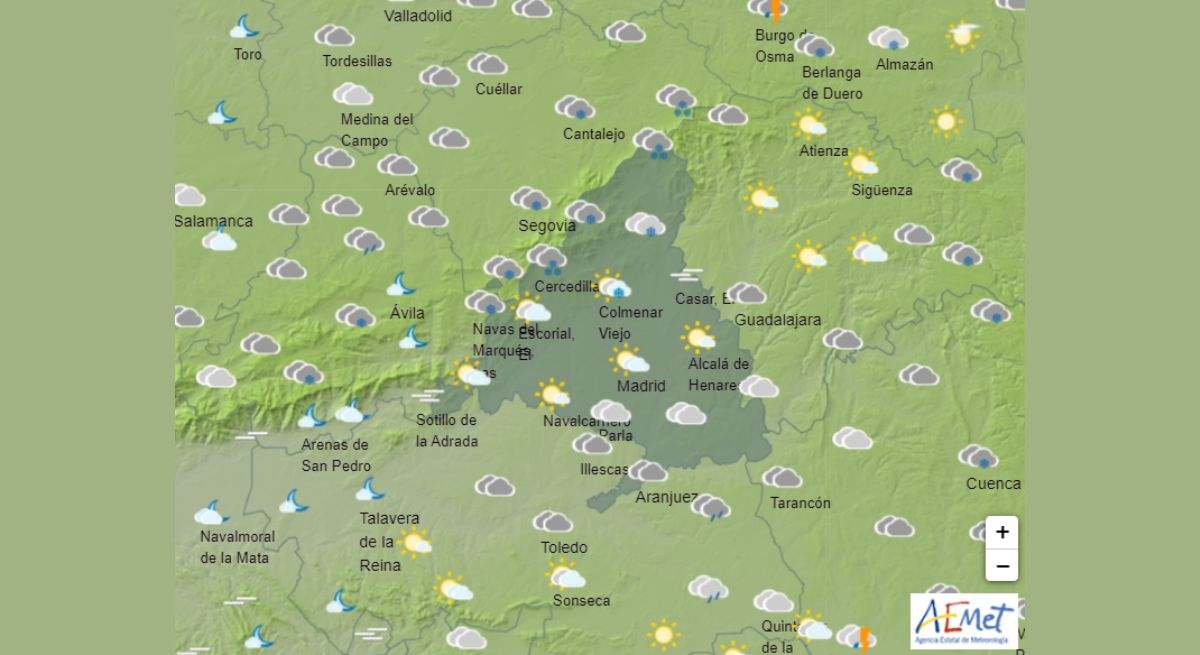 Mapa de la predicción meteorológica este fin de semana en la Comunidad de Madrid. / Foto: Aemet