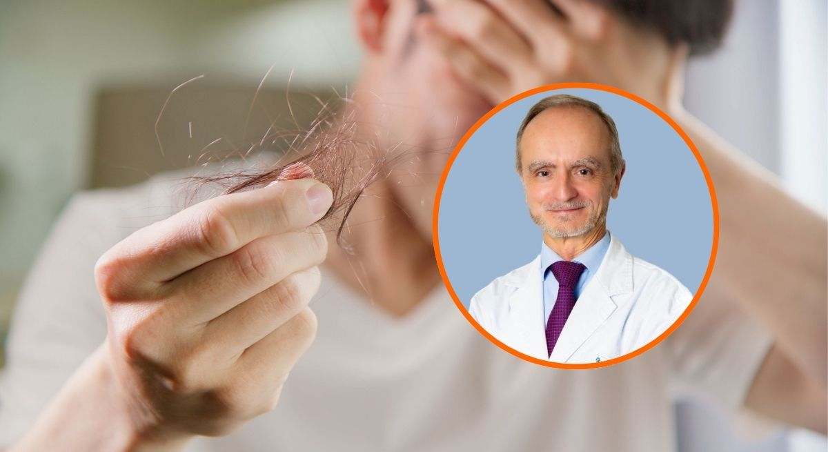Eduardo López Bran, dermatólogo, con la imagen de un hombre con calvicie de fondo