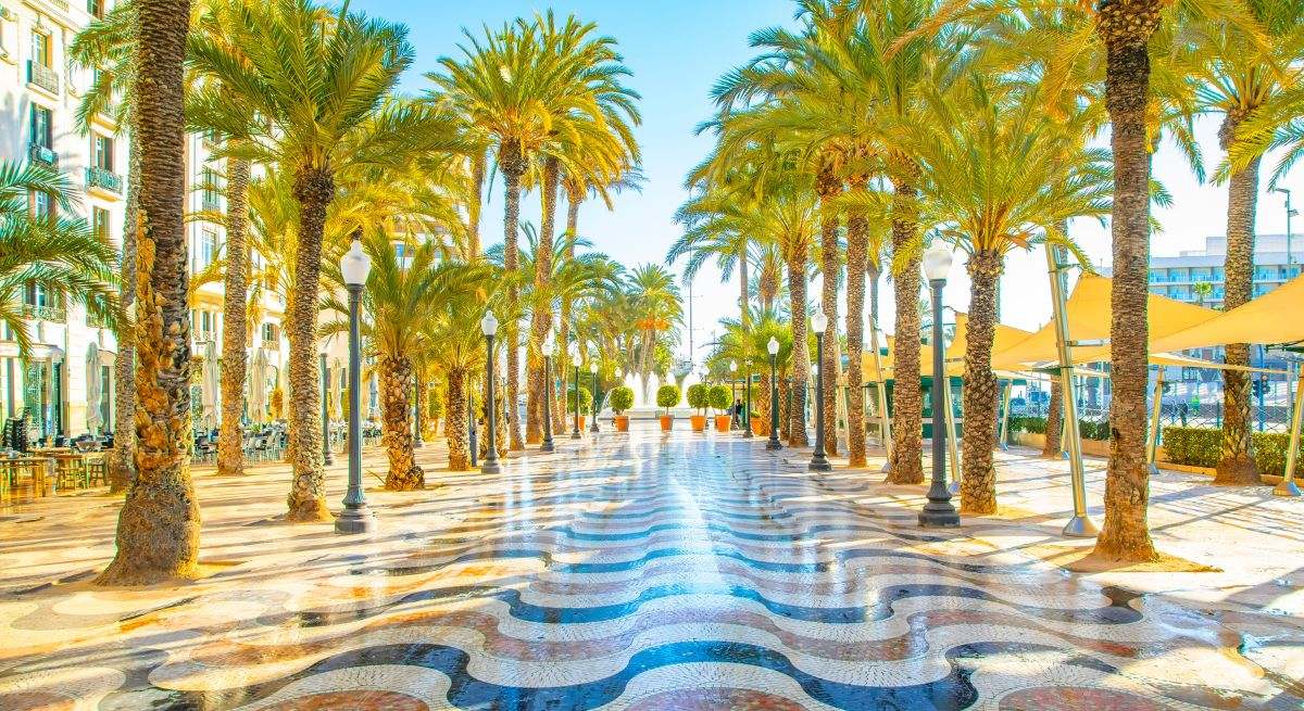 Un paseo de Alicante con palmeras y motivos en el suelo