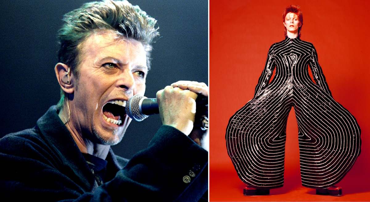 David Bowie, a la derecha el retrato del músico con el mono de Yamamoto