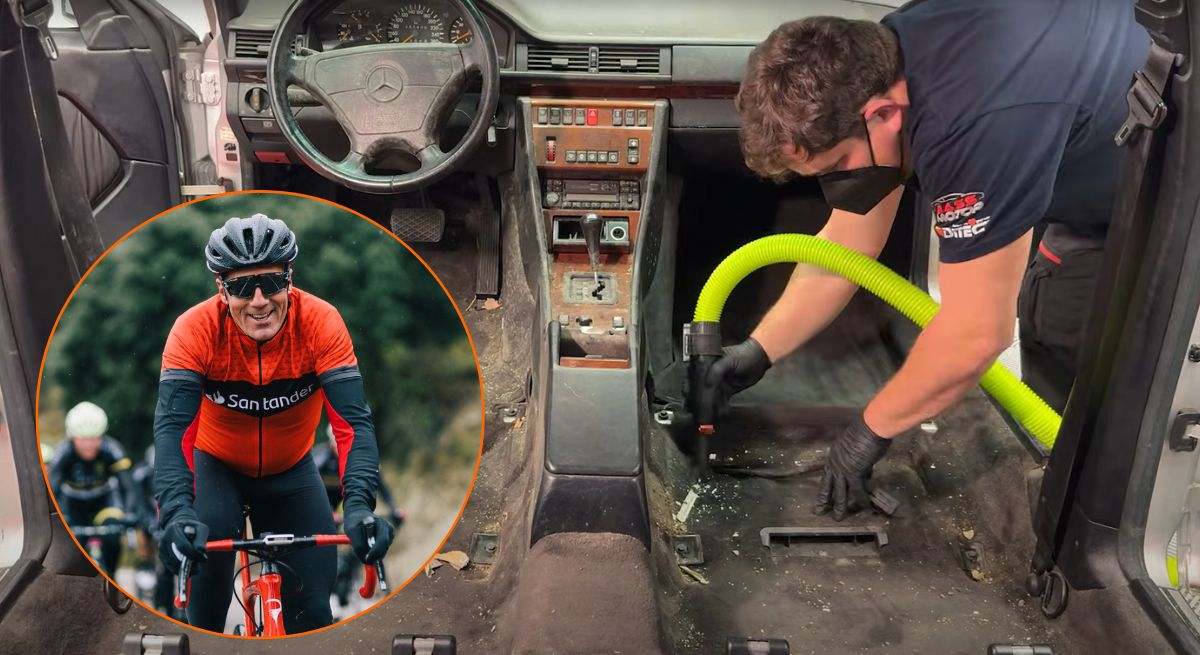 Montaje del renovado Mercedes E36 con Miguel Induráin en la esquina inferior izquierda