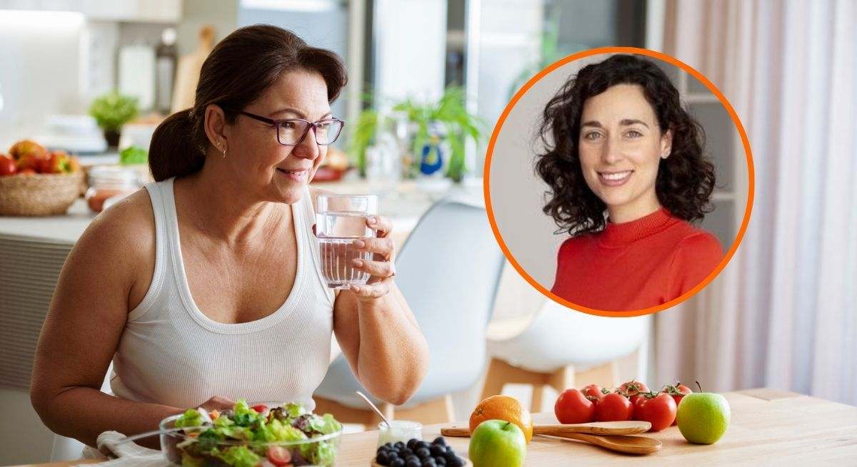 Julia Farré Moya, nutricionista, con la imagen de fondo de una mujer bebiendo agua mientras come