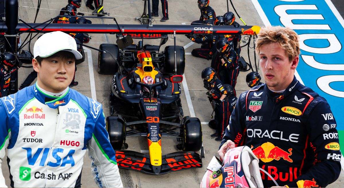 Montaje de Liam Lawson y Yuki Tsunoda con el RB21 cambiando neumáticos en el GP de China 2025