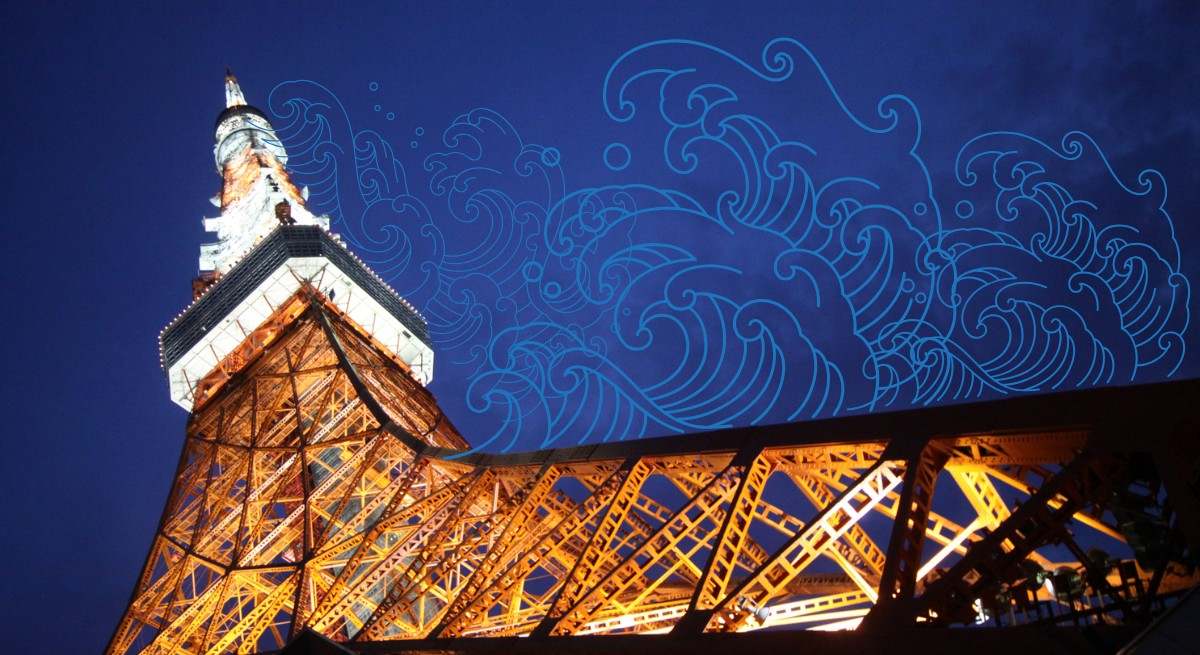 El perfil de una ola japonesa se abalanza sobre la torre Eiffel
