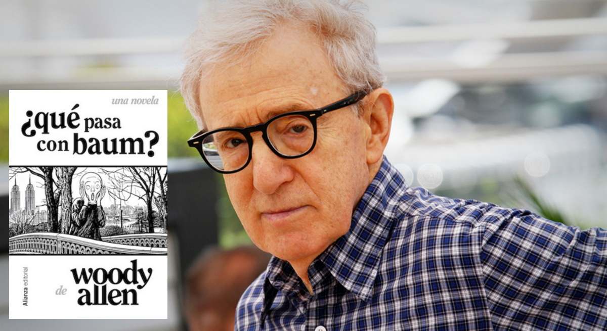 Woody Allen y la portada de su primera novela, '¿Qué pasa con Baum?'.