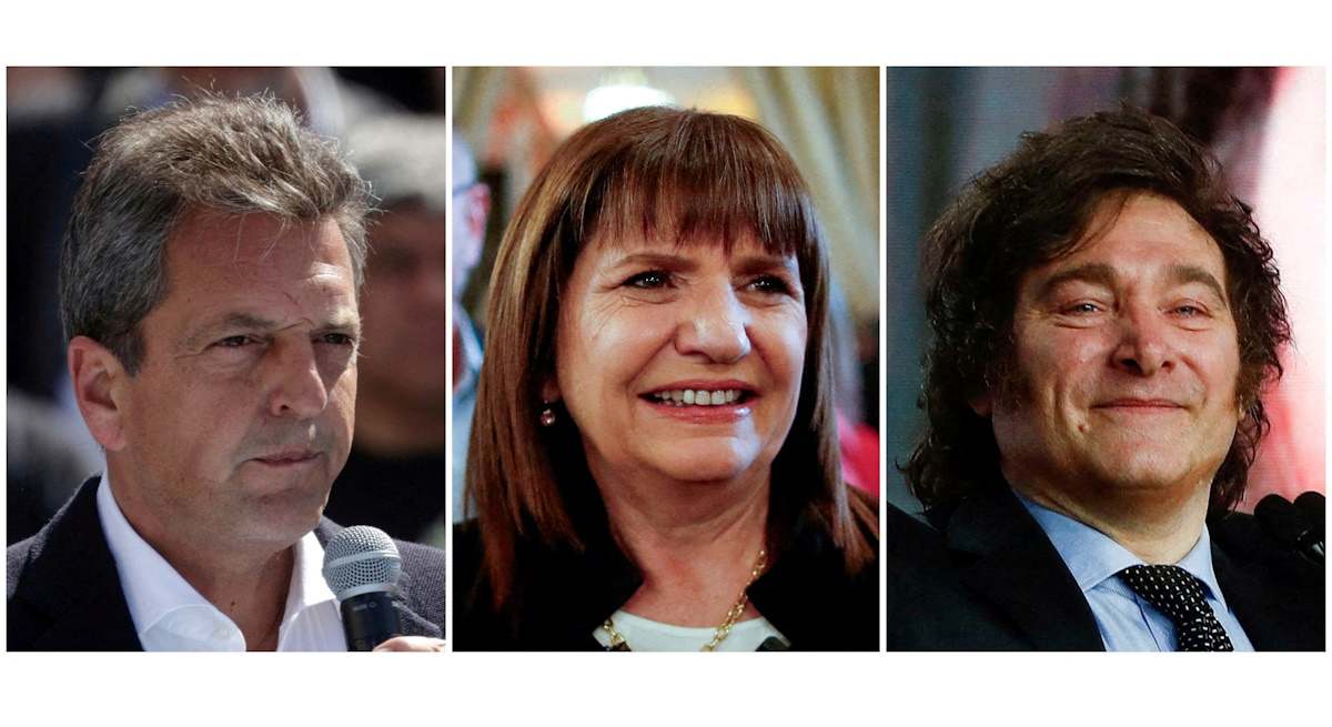 Sergio Massa, Patricia Bullrich y Javier Milei, candidatos presidenciales en Argentina. 