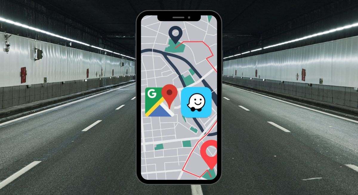 Montaje del túnel de la M-30 y un móvil con Google Maps y Waze
