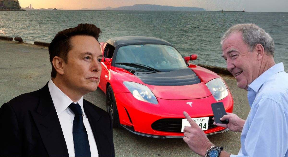 Montaje de Elon Musk y Jeremy Clarkson con un Tesla Roadster de fondo
