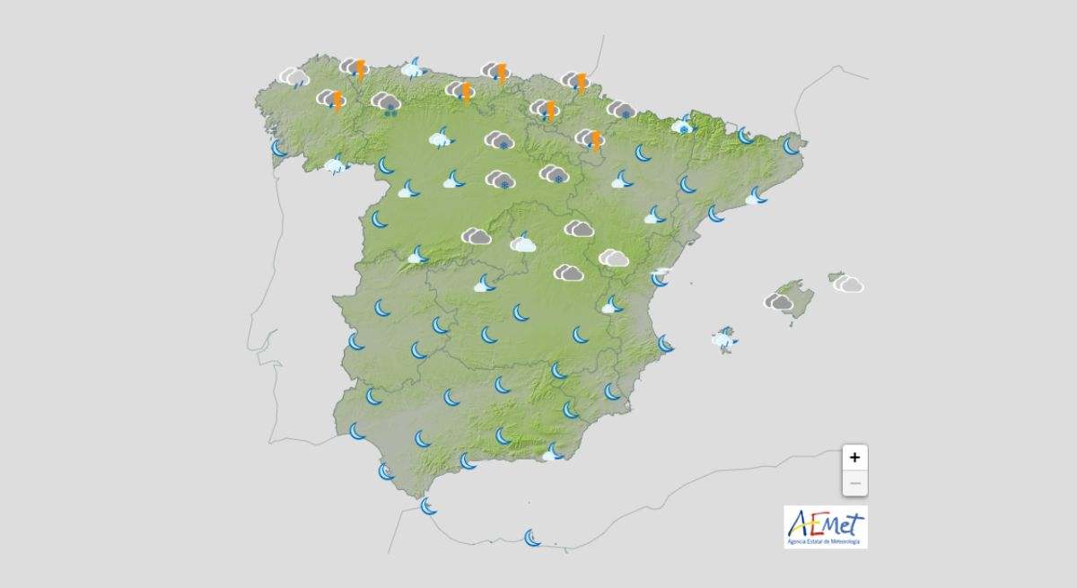 Mapa de la predicción del tiempo de este lunes. / Foto: AEMET