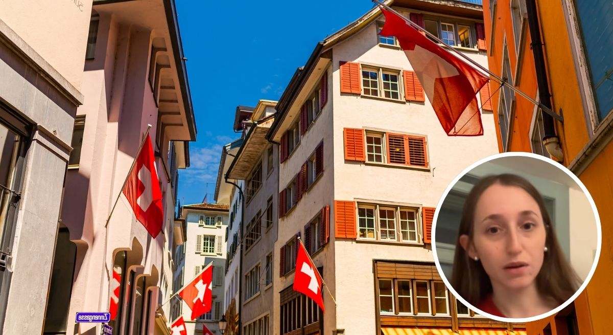 Una imagen de las calles de Zurich con una foto de la tiktoker Sara abajo a la derecha