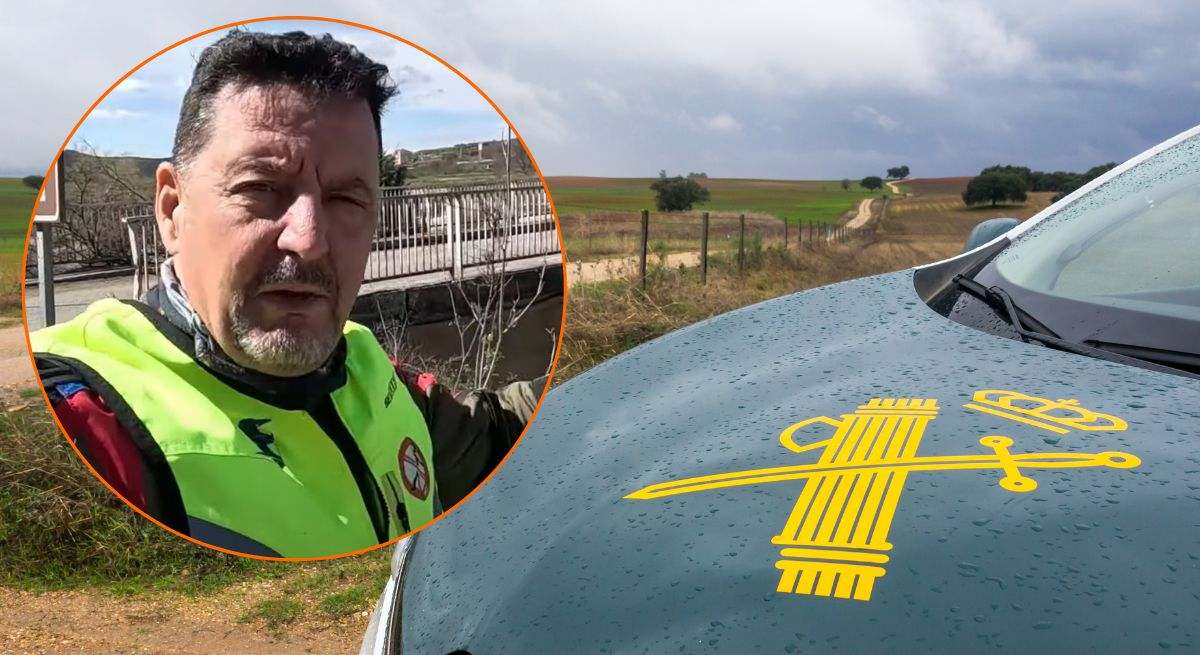 Montaje de un ex-Guardia Civil con un coche patrulla de fondo