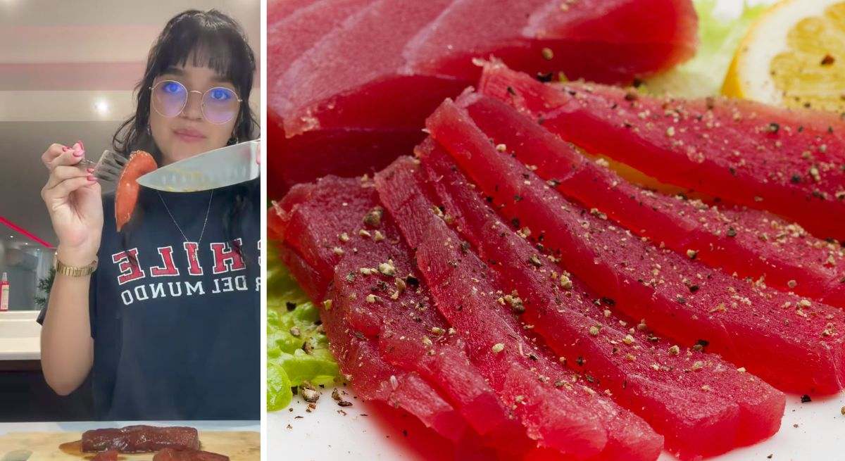 Una composición hecha con un trampantojo de atún rojo a la izquierda y otro de atún fresco a la derecha
