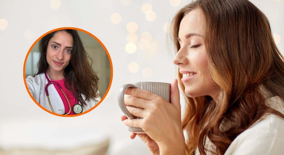 Sara Marín, experta en microbiota, junto con la imagen de una mujer tomando café