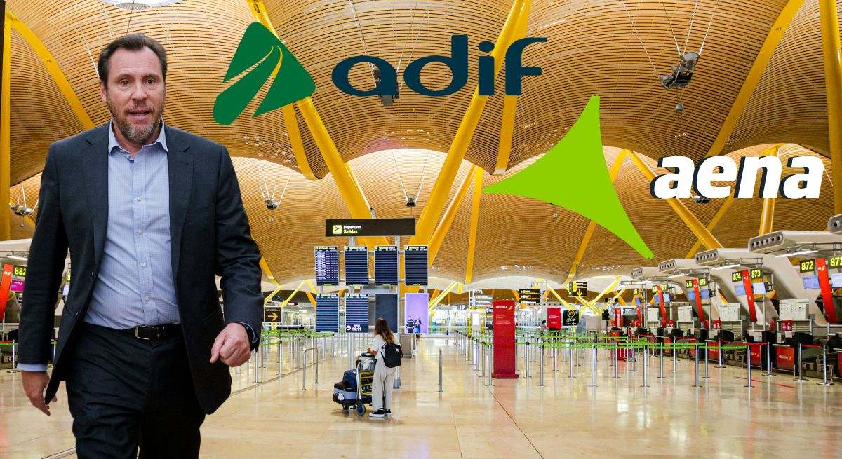 Montaje del aeropuerto de Adolfo Suárez Madrid-Barajas, Óscar Puente (ministro de Transportes y Movilidad Sostenible) y logos de Adif y Aena