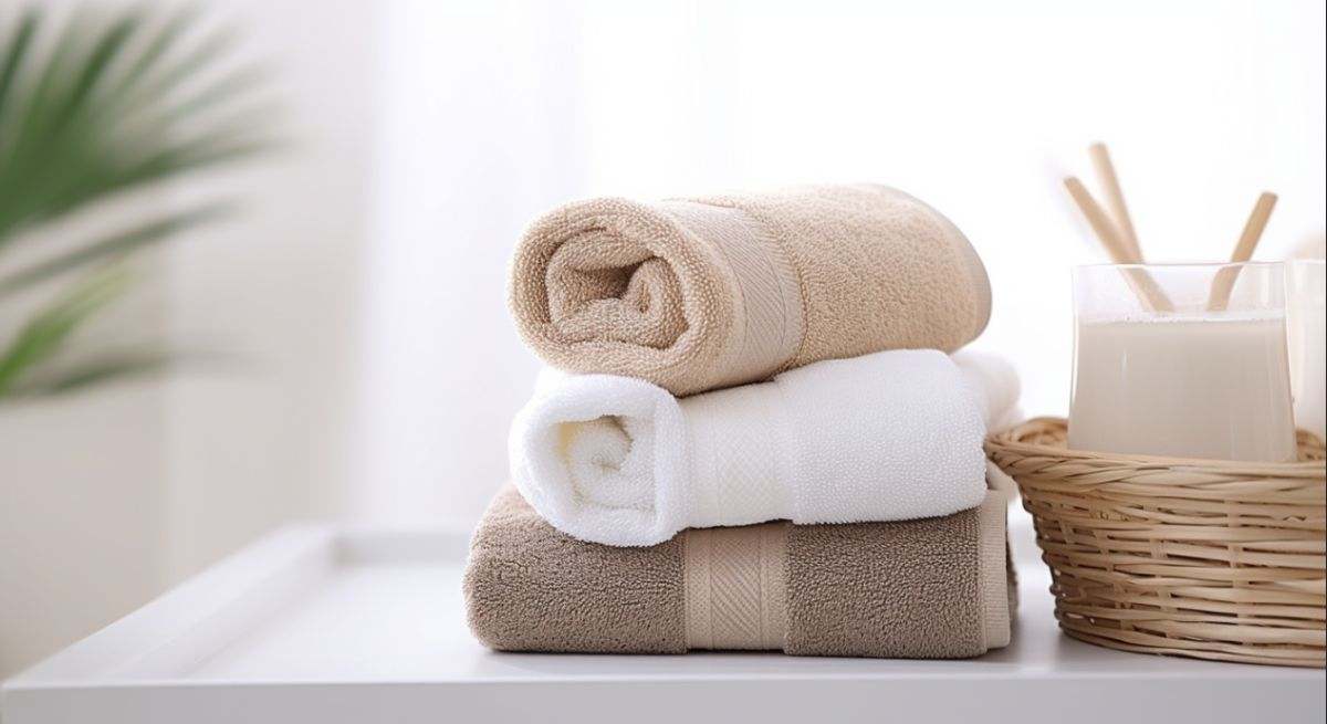 distintas toallas sobre una mesa de cuarto de baño