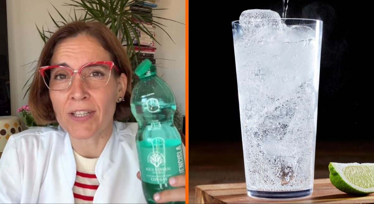 Boticaria García, farmacéutica y nutricionista, junto con un vaso de agua con gas