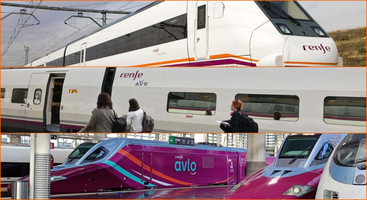 diferentes trenes de Renfe (AVE, Avlo, Alvia, Euromed e Intercity)