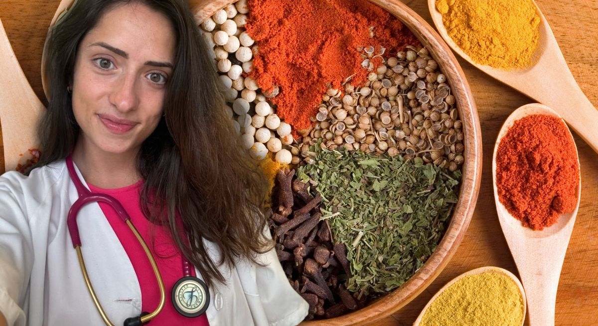 Sara Marín, médica experta en microbiota, con especias de fondo