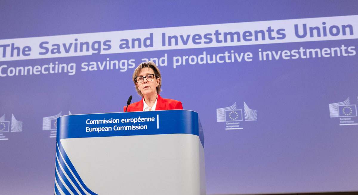María Luis Alburquerque, comisaria europea de Servicios Financieros, durante la presentación de la SIU