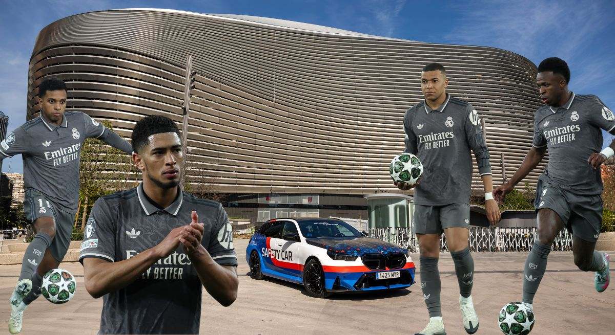 Montaje del BMW M5 Touring en el Santiago Bernabéu con Vinícius Júnior, Kylian Mbappé, Jude Bellingham y Rodrygo Goes