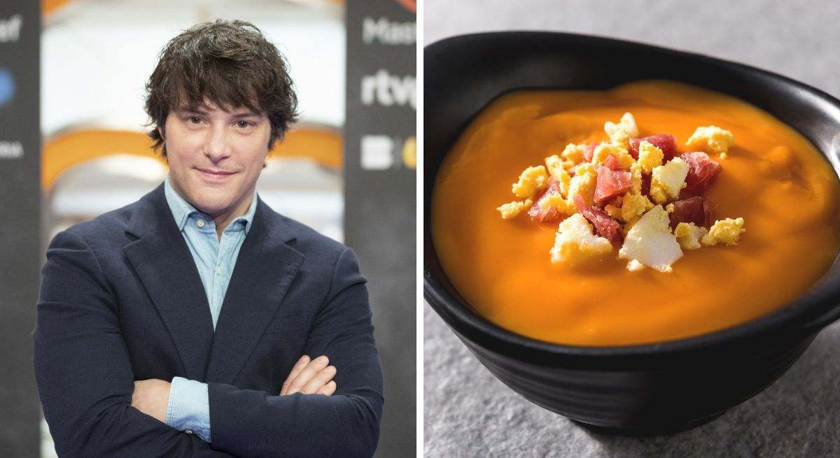 Jordi Cruz enfadado y cruzado de brazos a la izquierda y un tazón de salmorejo con huevo y jamón serrano