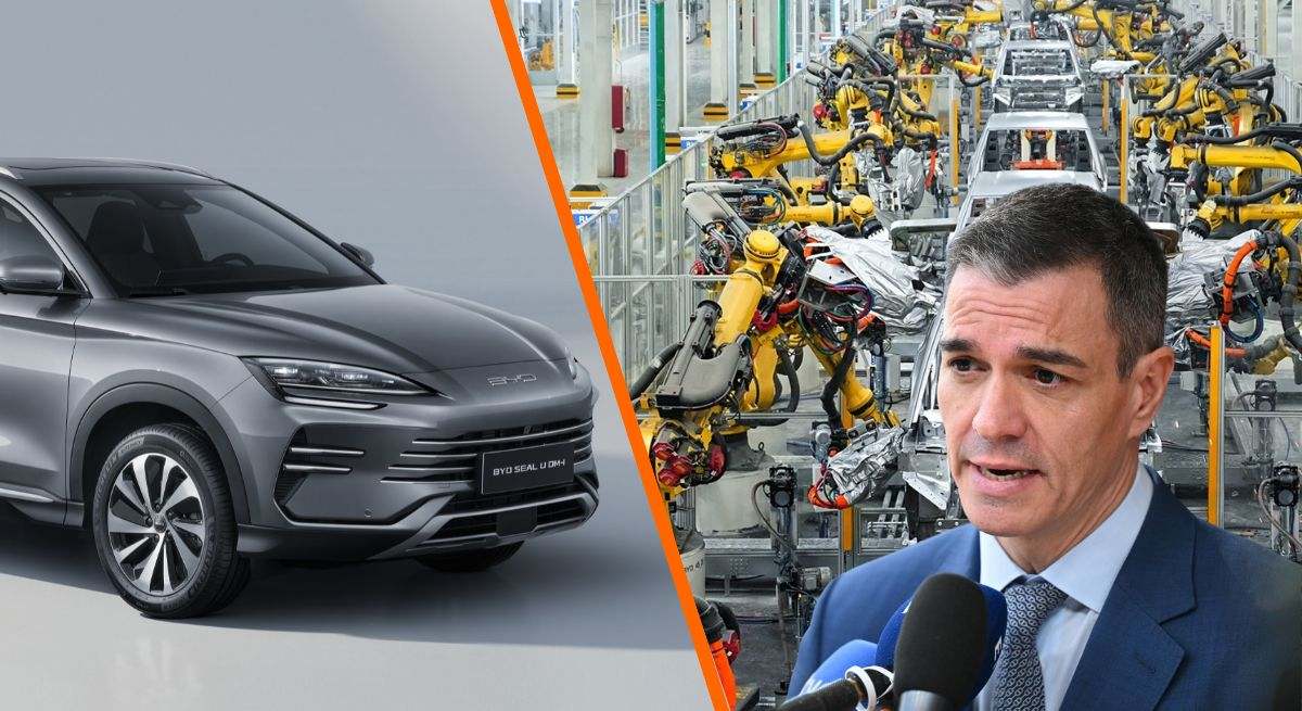 Montaje de Pedro Sánchez, una fábrica de BYD y el modelo BYD Seal U DM-i