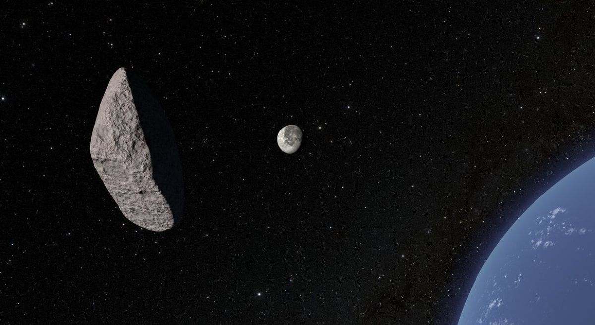 Representación del asteroide, la Luna y la Tierra