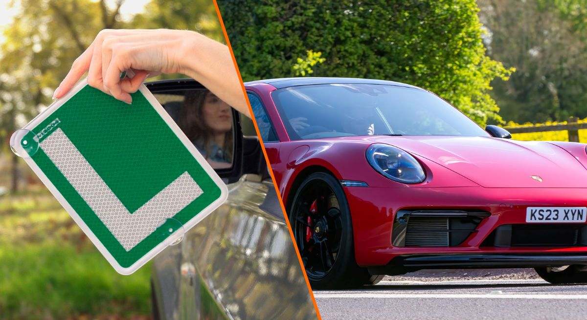 Montaje de un Porsche 911 a la derecha y una 'L' de autoescuela a la izquierda
