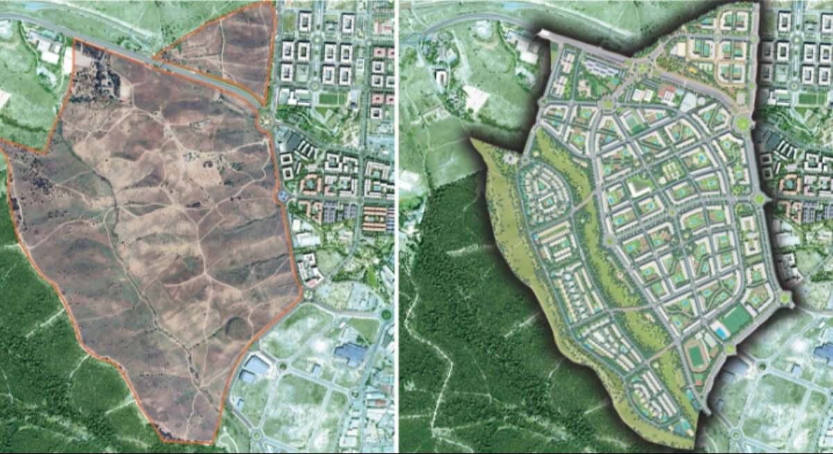 Antes y después de la vista aérea de Valgrande una vez desarrollado