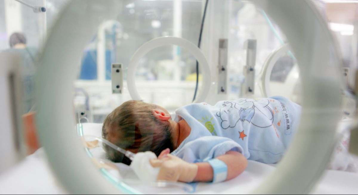 Bebé en una incubadora de hospital