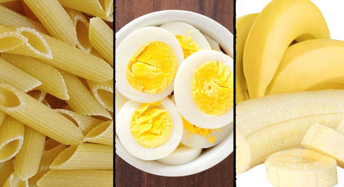Pasta, huevo cocido y plátanos