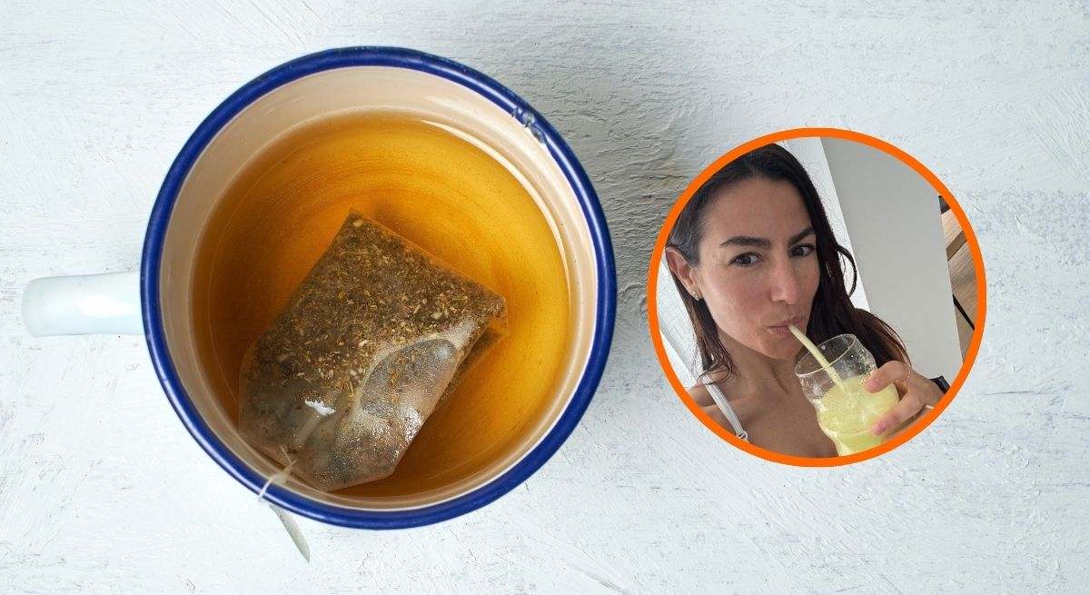 Taza con bolsita de té junto a una imagen de la nutricionista Cristina Segura