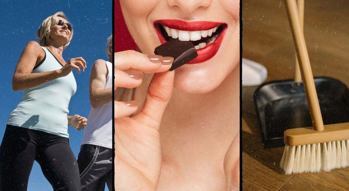 Mujer caminando, mujer comiendo chocolate y escoba con recogedor