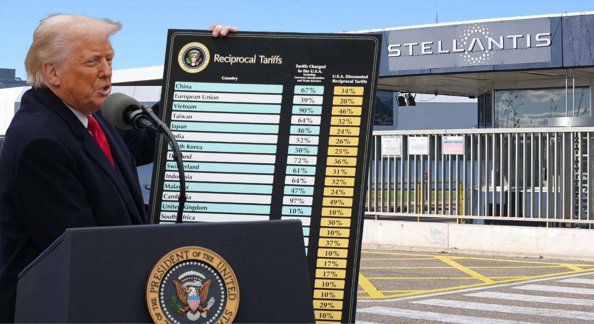 Montaje de Donald Trump mostrando la tabla de aranceles y una fábrica de Stellantis