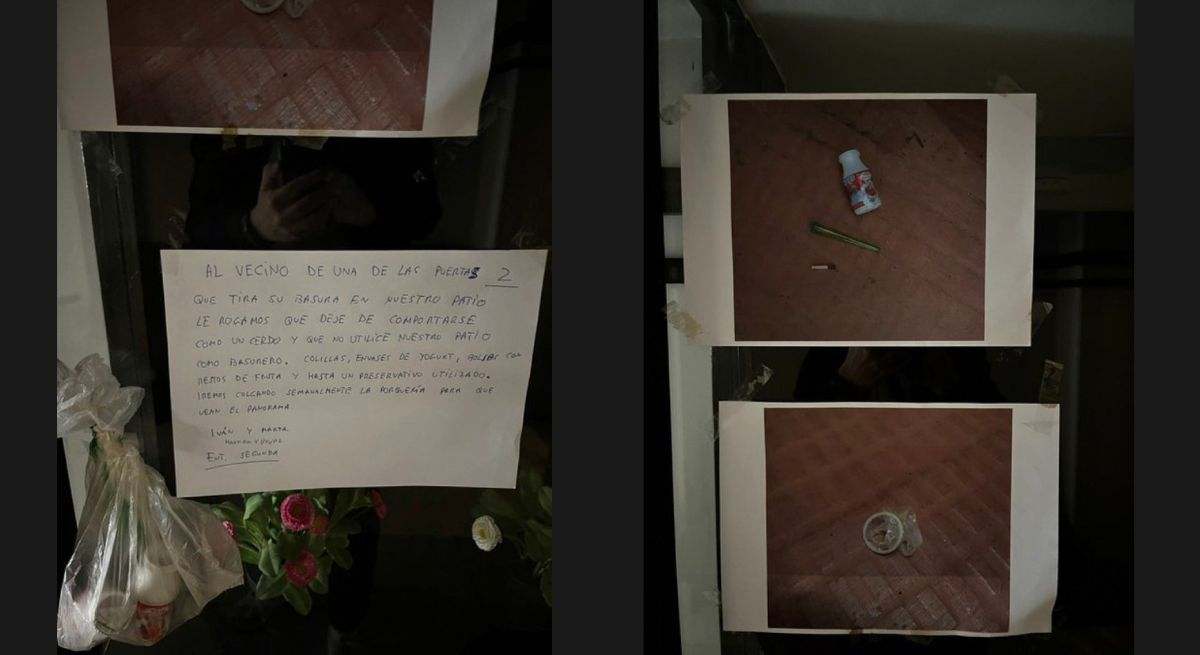 Cartel y objetos de un vecino de Barcelona en el portal. / Foto: X - @Liosdevecinos