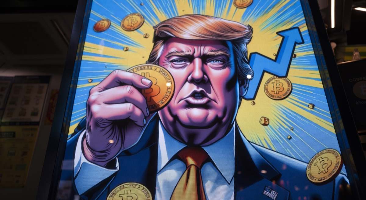 Un dibujo de Donald Trump en una tienda de Coinhero en Hong Kong. Foto: Bloomberg