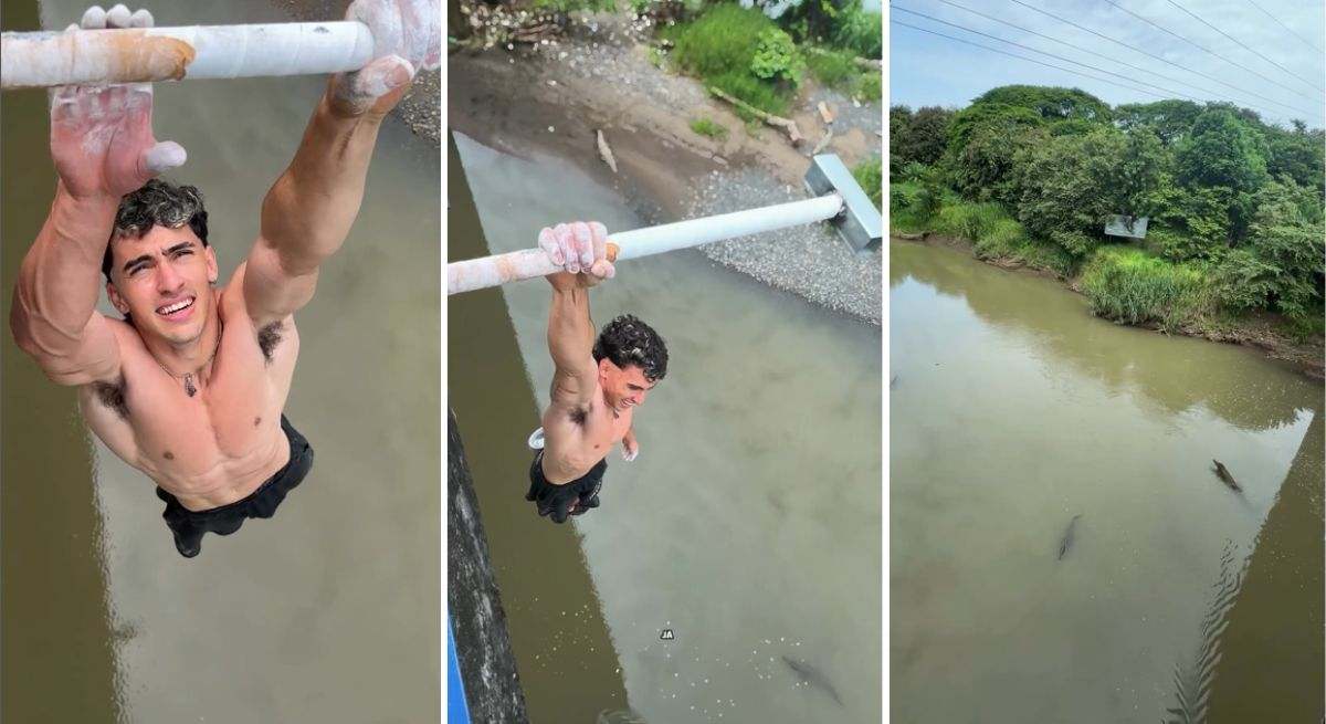 Tres imágenes en las que se muestra al influencer argentino Gerónimo Arias haciendo un reto de dominadas en un río plagado de cocodrilos