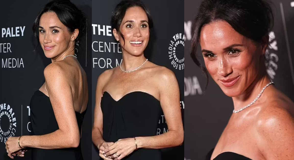 Meghan con un vestido palabra de honor y su collar de diamantes