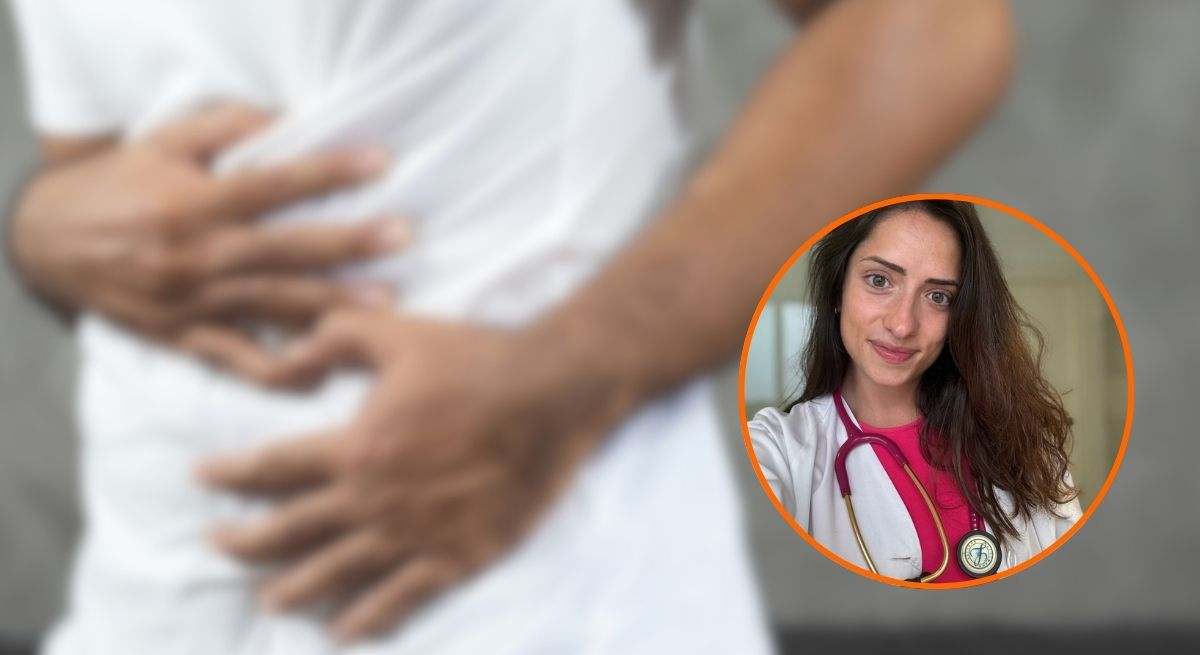 Sara Marín, doctora, con la imagen de fondo desenfocada de una persona con dolor de estómago