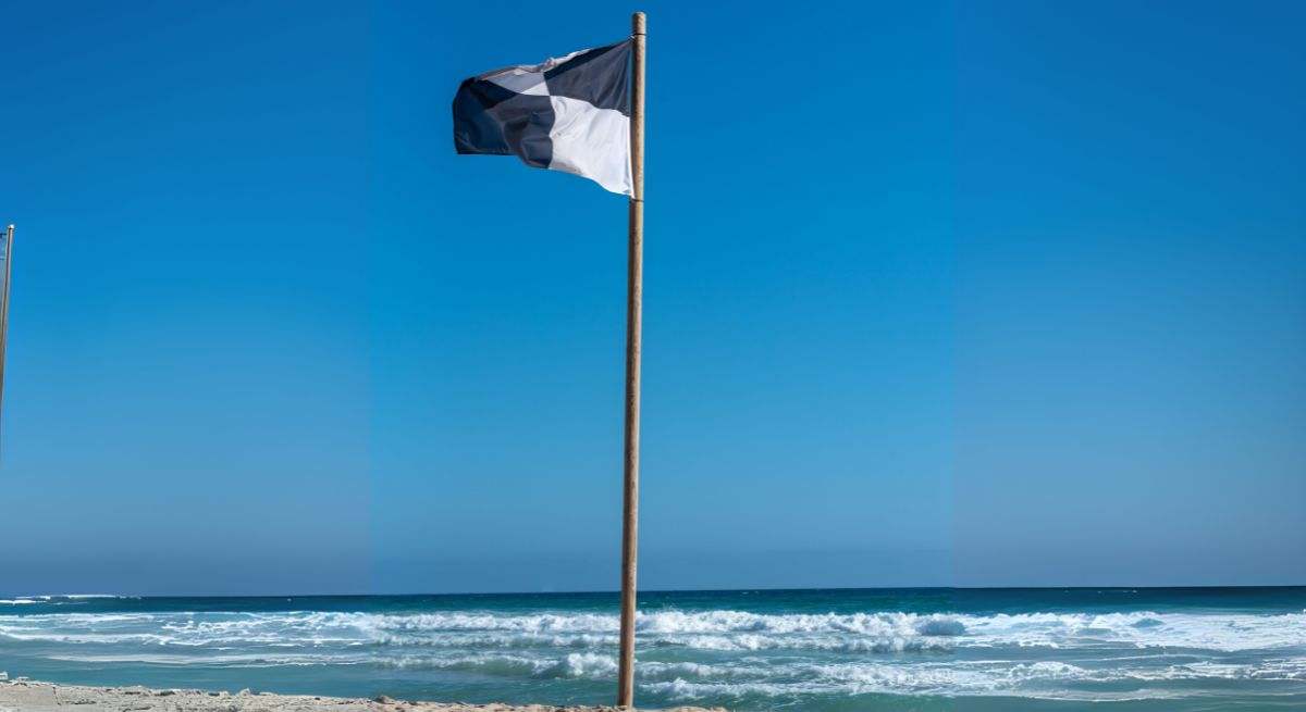 Bandera blanca y negra ondeando en el mar