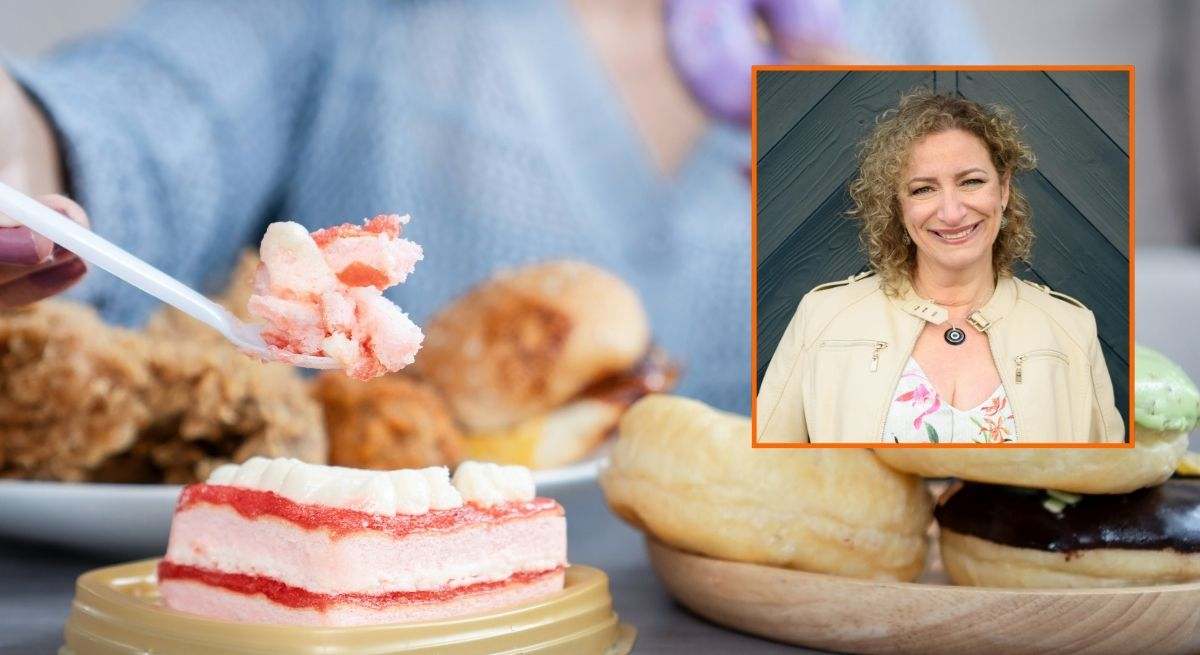 Una persona comiendo dulces de fondo con la imagen de la psicóloga Ana Morales
