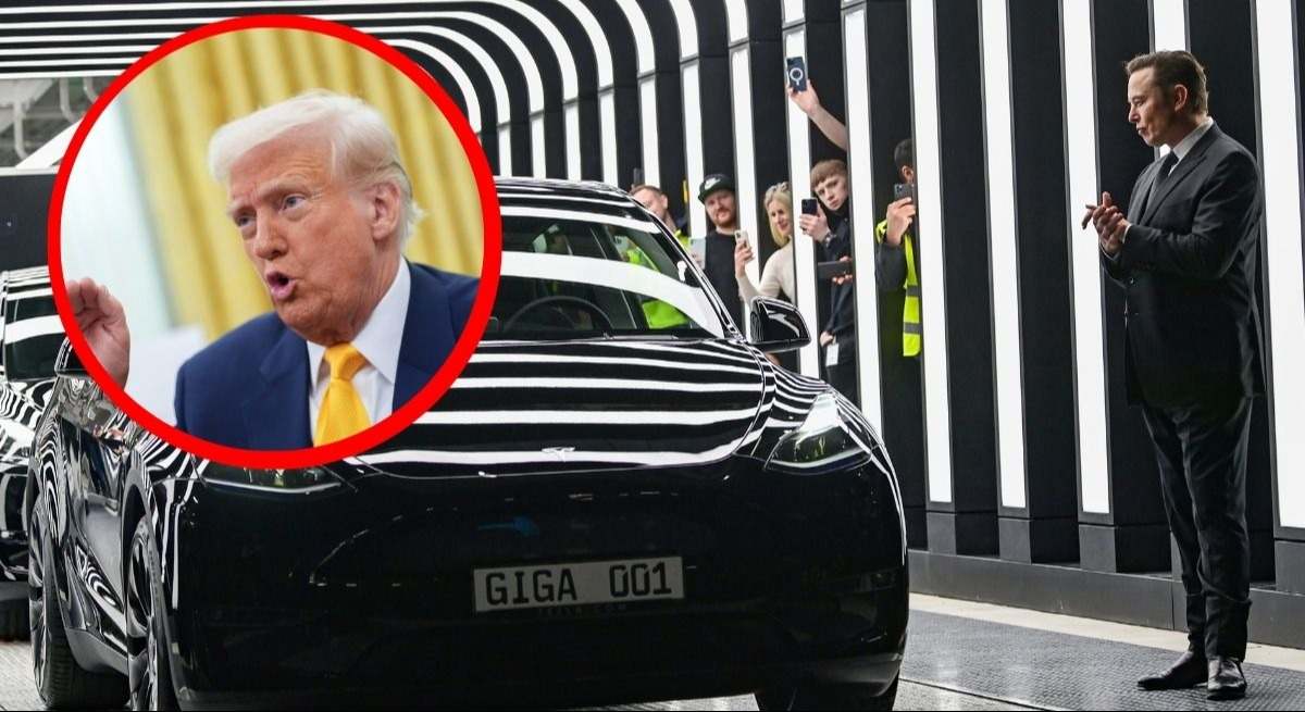 Montaje de Donald Trump en una imagen de Elon Musk frente a un Tesla