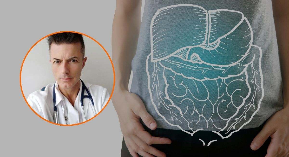 Manuel Viso junto con la imagen de una persona con el dibujo del sistema digestivo