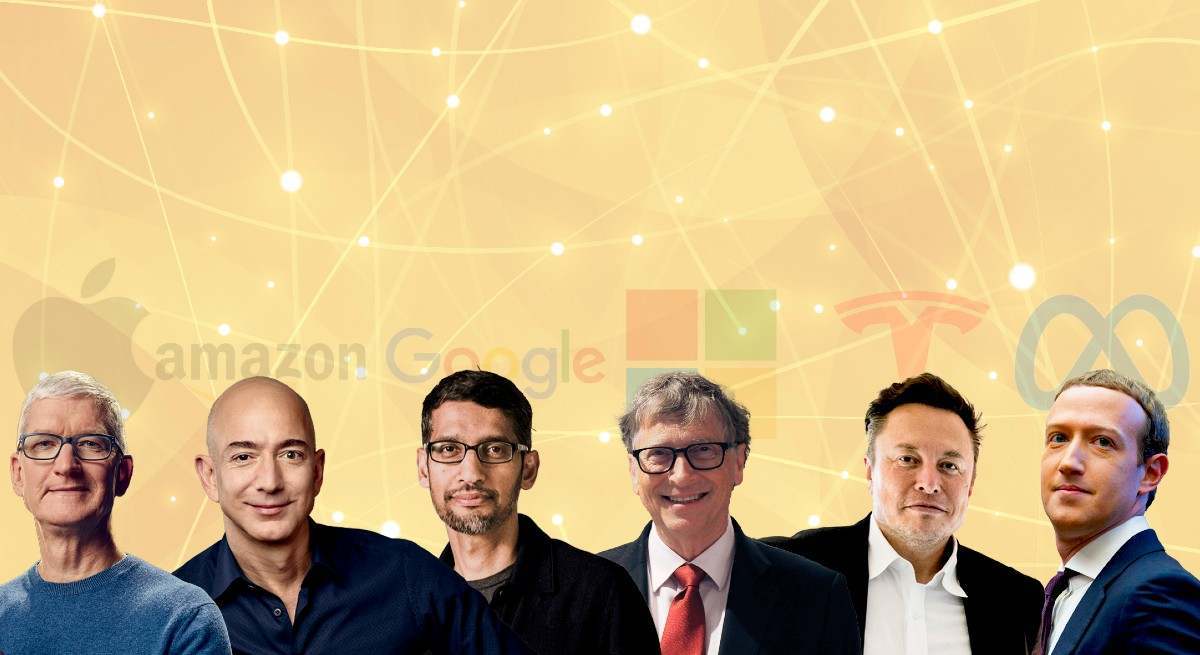 De izq. a dcha. Tim Kook, CEO de Apple; Jeff Bezos, presidente de Amazon; Sundar Pichai, CEO de Alphabet; Bill Gates, fundador de Microsoft; Elon Musk, CEO de Tesla; Mark Zuckerberg, CEO de Meta. Archivo