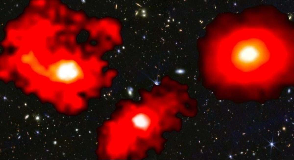 Los tres monstruos rojos son galaxias extremadamente masivas y polvorientas de los primeros mil millones de años después del Big Bang. REMITIDA / HANDOUT por NASA / CSA / ESA, M. XIAO & P. A. OESCH Fotografía remitida a medios de comunicación exclusivamen