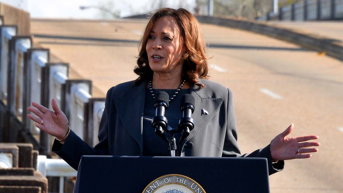 Kamala Harris, en rueda de prensa.
