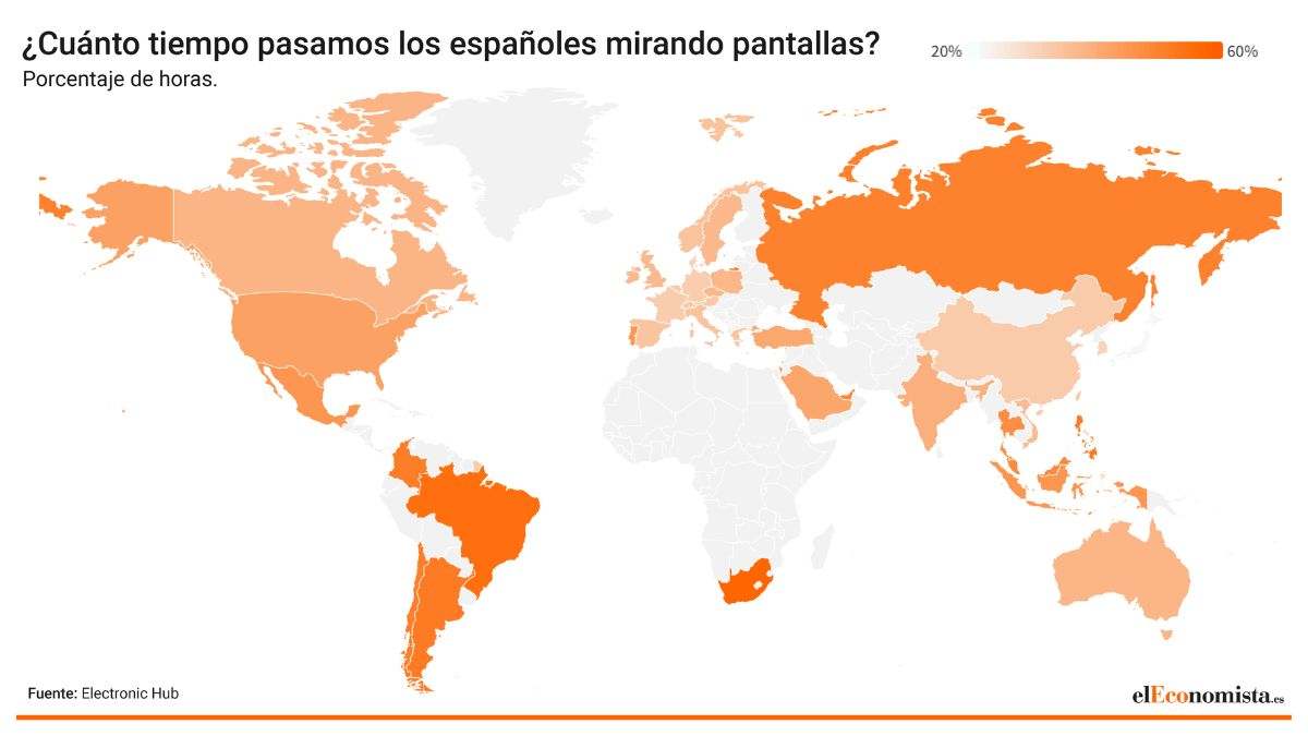 Mapa del tiempo que pasan los países frente a pantallas