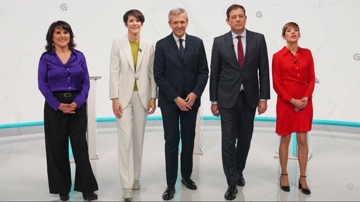 De izquierda a derecha los candidatos a presidir la Xunta, Isabel Faraldo (Podemos), Ana Pontón (Bloque Nacionalista Galego), Alfonso Rueda (Partido Popular y actual presidente autonómico), José Ramón Gómez Besteiro (Partido Socialista de Galicia) y Marta